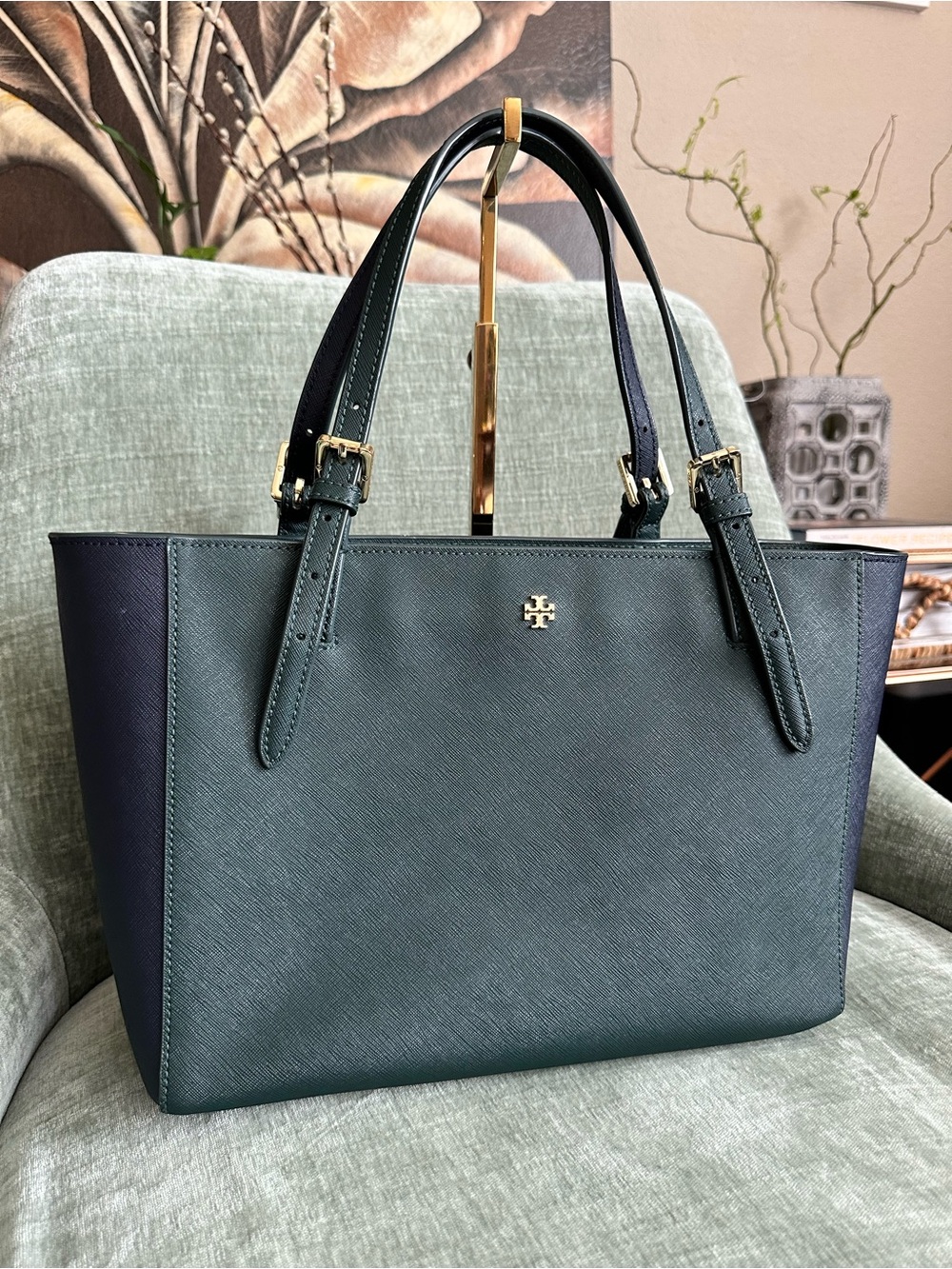 Tory Burch Green and Navy Leather Tote